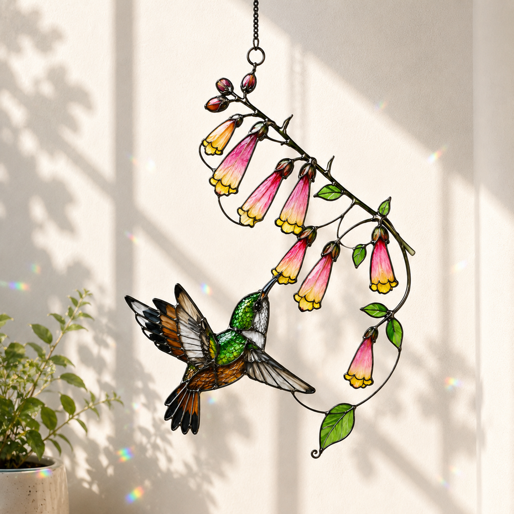 Hummingbird & Foxglove Holographic Acrylic Suncatcher