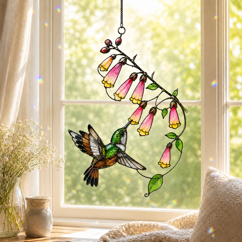 Hummingbird & Foxglove Holographic Acrylic Suncatcher