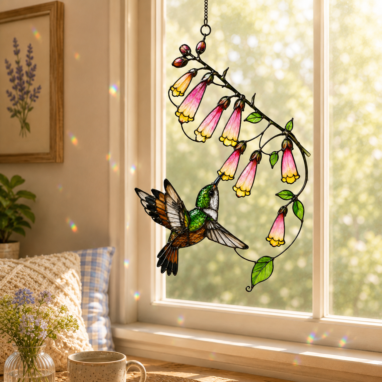 Hummingbird & Foxglove Holographic Acrylic Suncatcher