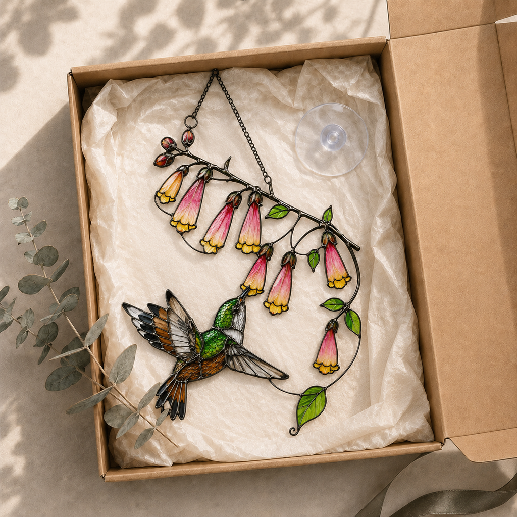 Hummingbird & Foxglove Holographic Acrylic Suncatcher