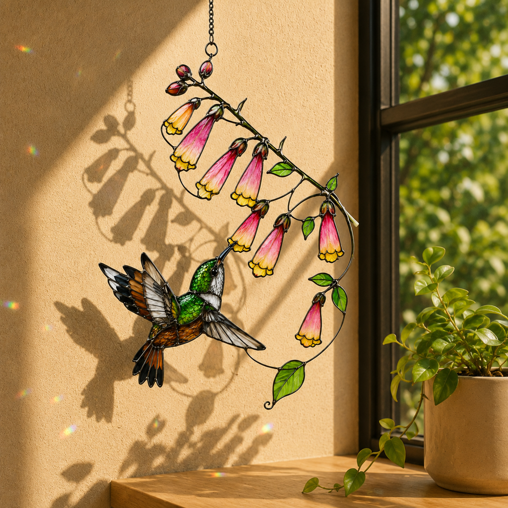 Hummingbird & Foxglove Holographic Acrylic Suncatcher