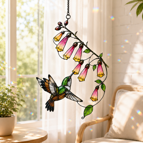 Hummingbird & Foxglove Holographic Acrylic Suncatcher