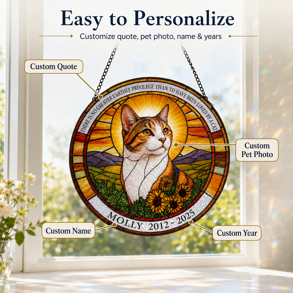 Easy to personalize cat memorial suncatcher with custom quote name and years