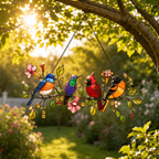 Four Songbirds on Blossom Branch Holographic Acrylic Suncatcher