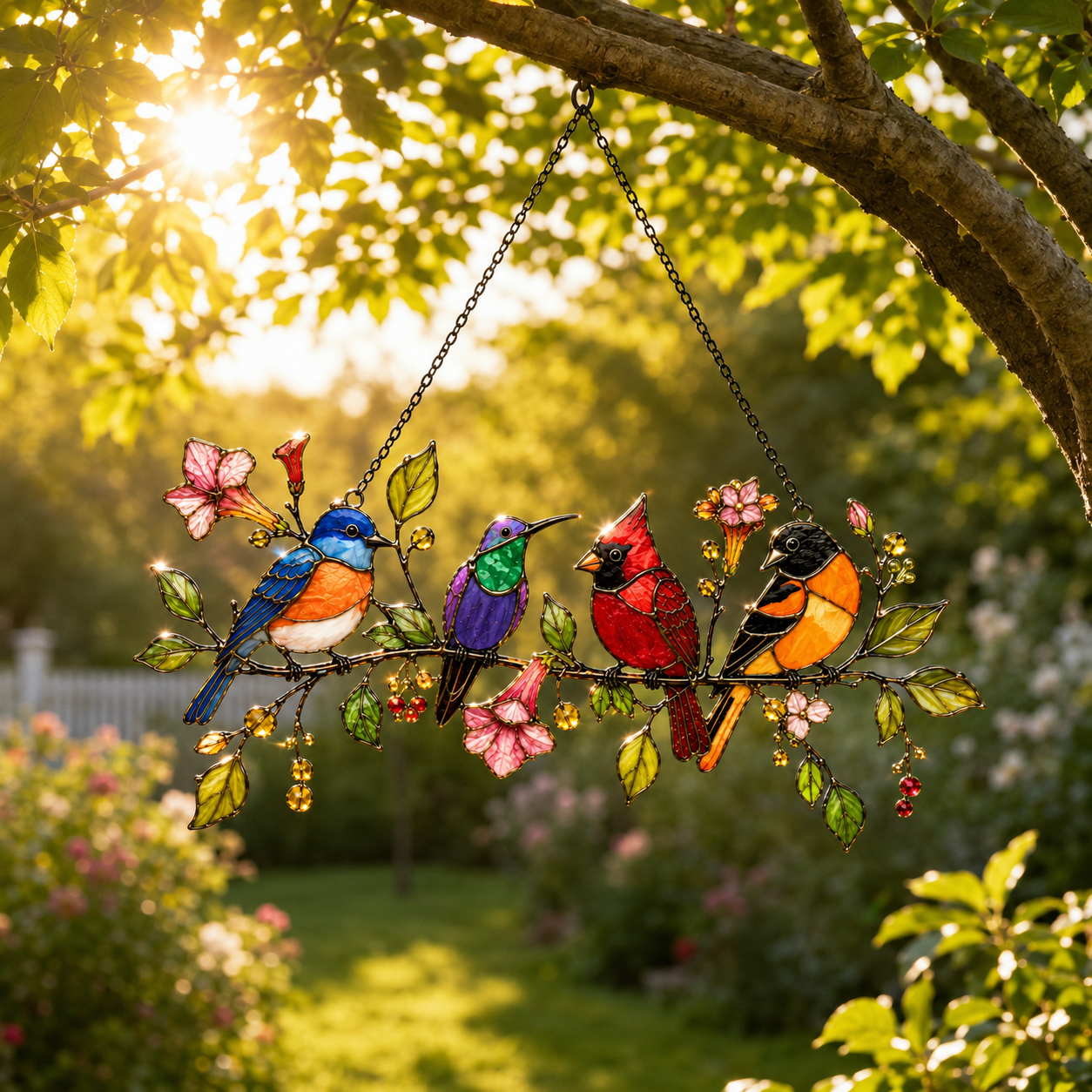 Four Songbirds on Blossom Branch Holographic Acrylic Suncatcher
