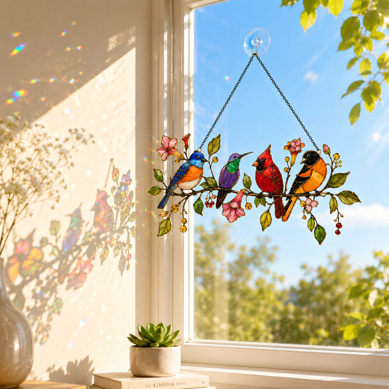 Four Songbirds on Blossom Branch Holographic Acrylic Suncatcher