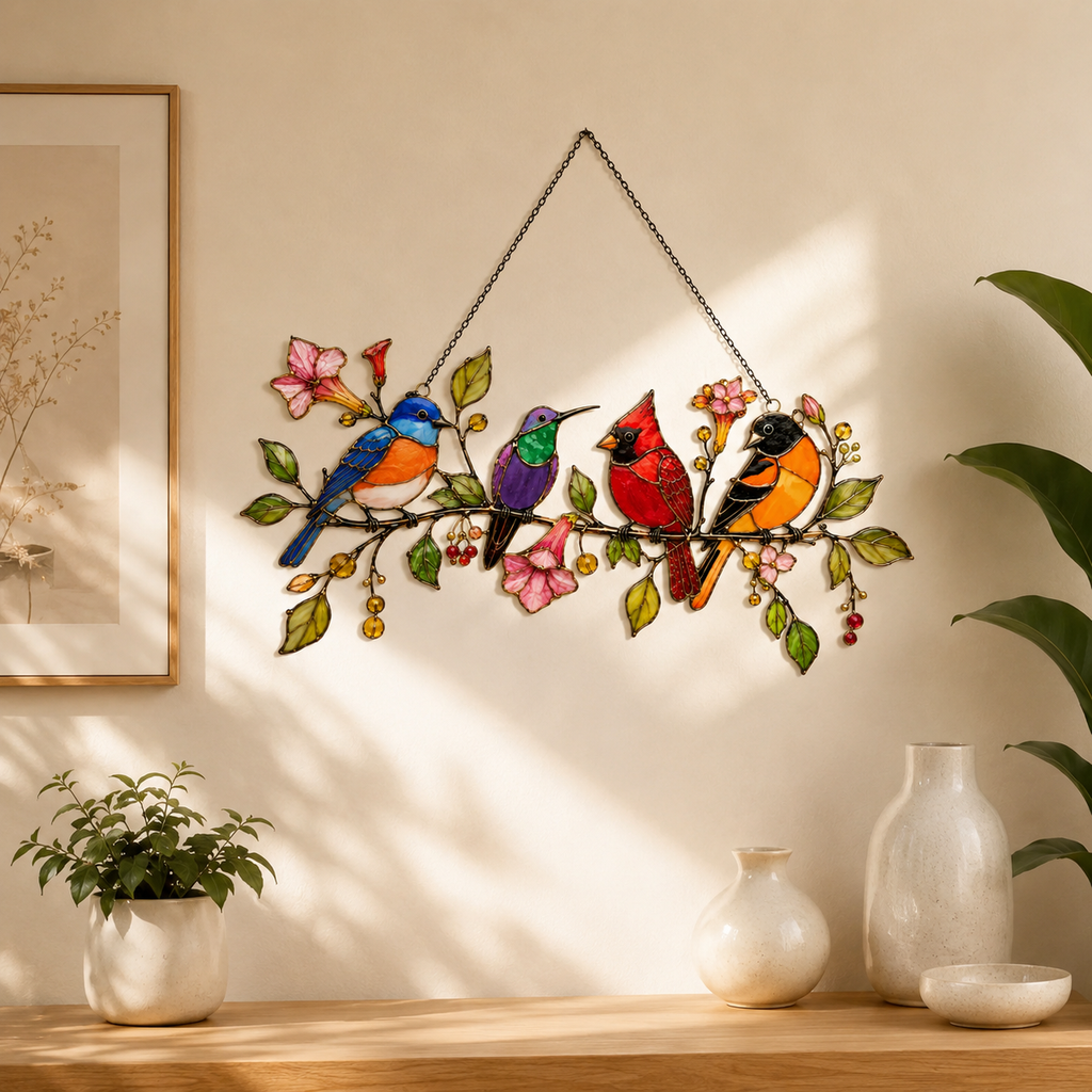Four Songbirds on Blossom Branch Holographic Acrylic Suncatcher