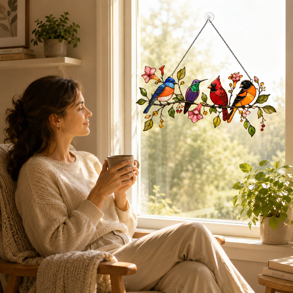 Four Songbirds on Blossom Branch Holographic Acrylic Suncatcher