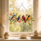 Four Songbirds on Blossom Branch Holographic Acrylic Suncatcher