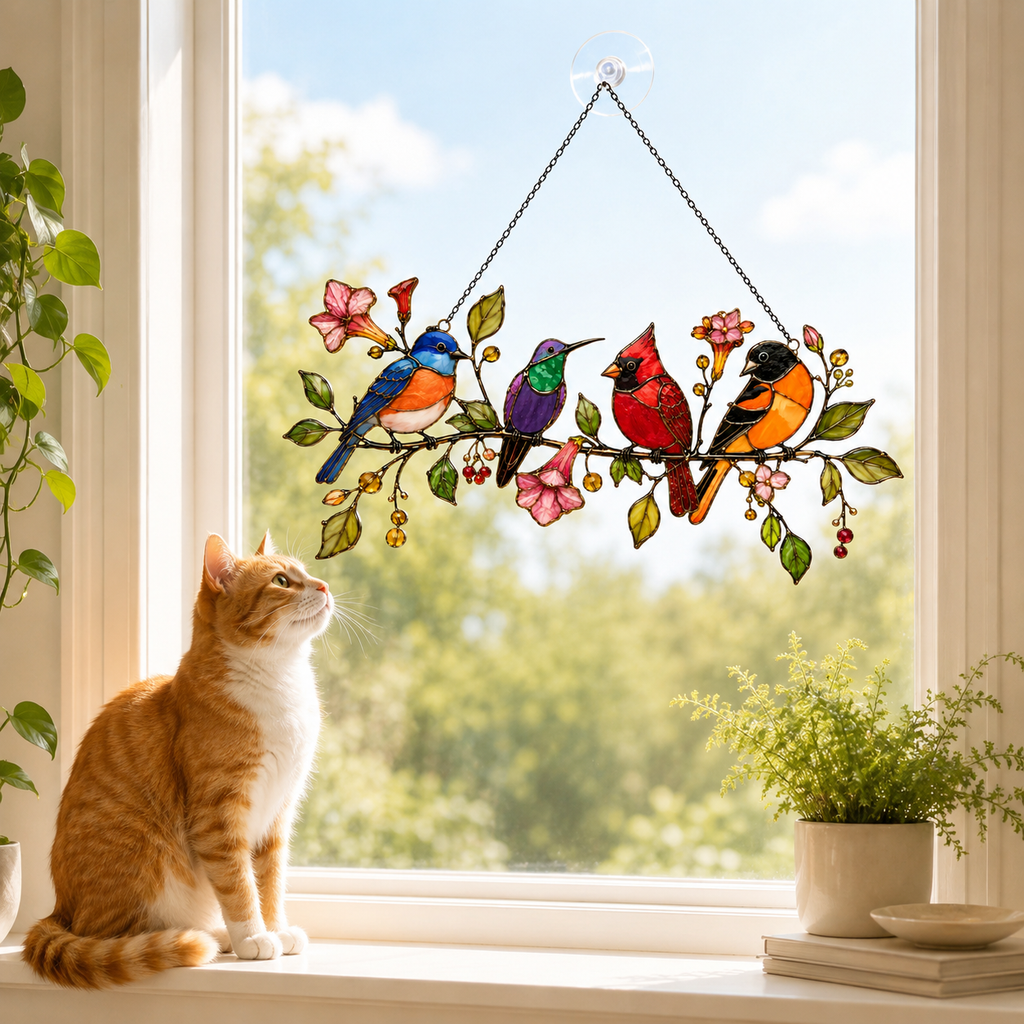 Four Songbirds on Blossom Branch Holographic Acrylic Suncatcher