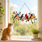Four Songbirds on Blossom Branch Holographic Acrylic Suncatcher