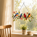 Four Songbirds on Blossom Branch Holographic Acrylic Suncatcher