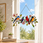 Four Songbirds on Blossom Branch Holographic Acrylic Suncatcher