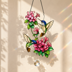 Twin Hummingbirds & Pink Blossoms Holographic Acrylic Suncatcher
