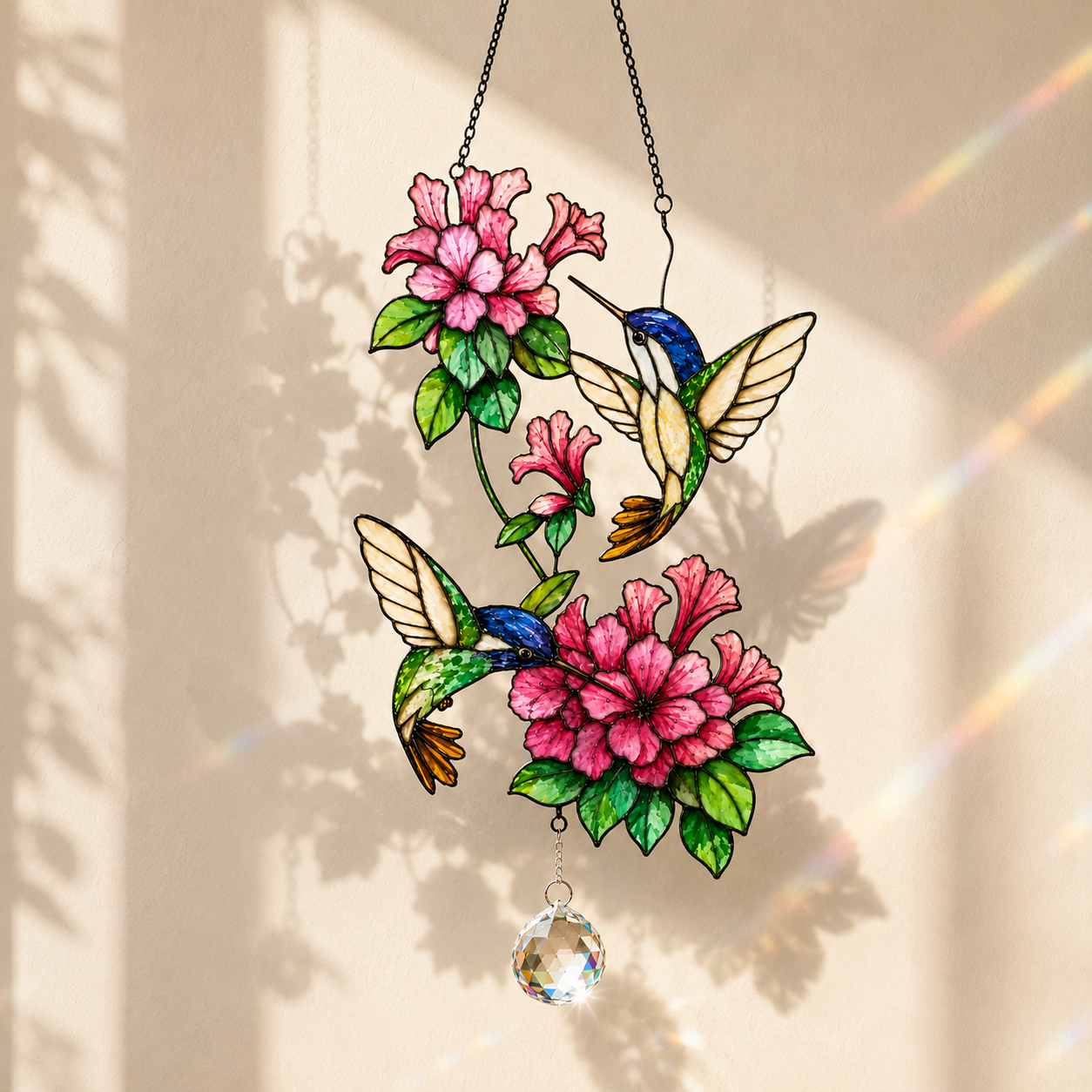 Twin Hummingbirds & Pink Blossoms Holographic Acrylic Suncatcher