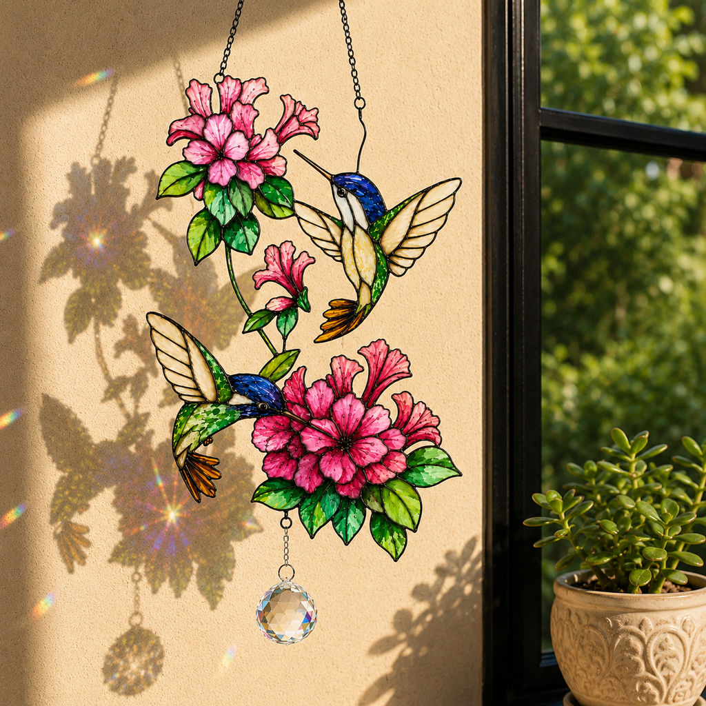 Twin Hummingbirds & Pink Blossoms Holographic Acrylic Suncatcher