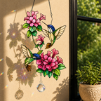 Twin Hummingbirds & Pink Blossoms Holographic Acrylic Suncatcher