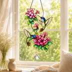 Twin Hummingbirds & Pink Blossoms Holographic Acrylic Suncatcher