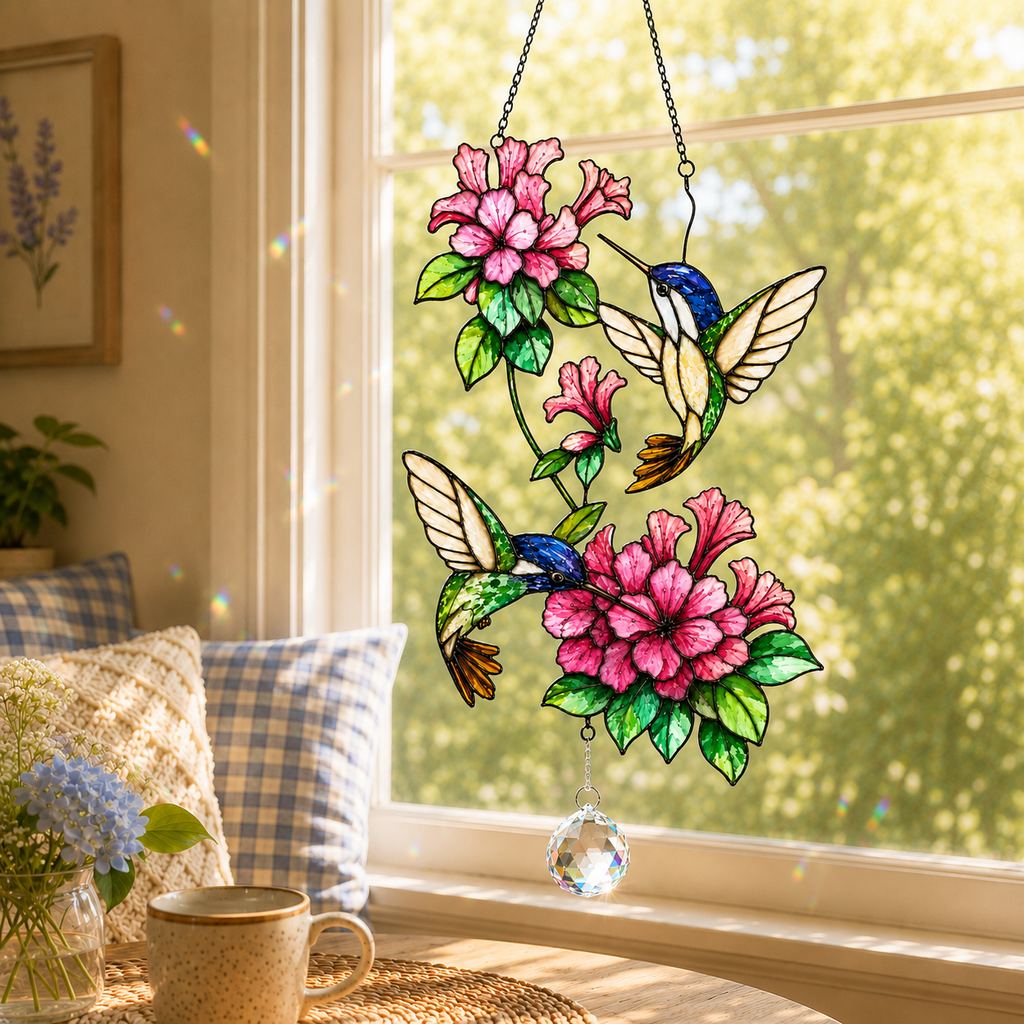 Twin Hummingbirds & Pink Blossoms Holographic Acrylic Suncatcher