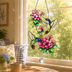 Twin Hummingbirds & Pink Blossoms Holographic Acrylic Suncatcher