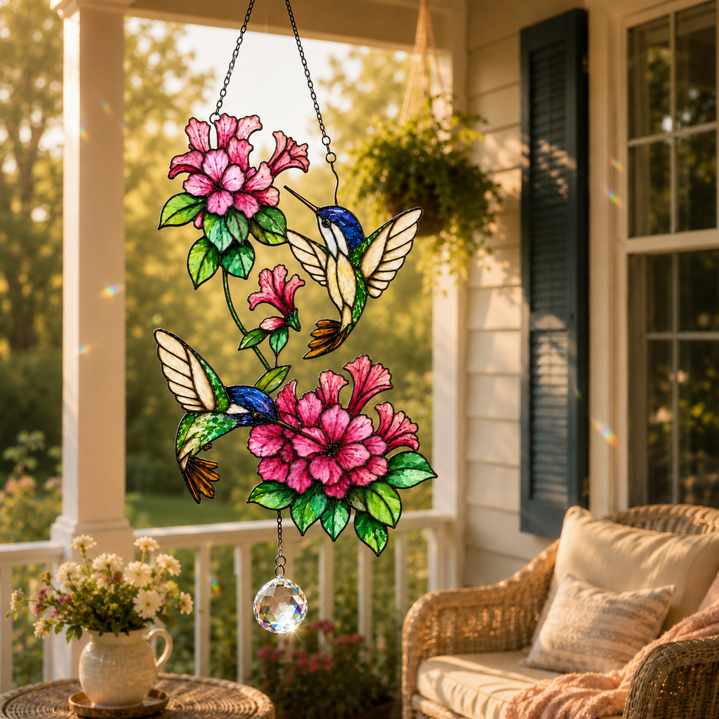 Twin Hummingbirds & Pink Blossoms Holographic Acrylic Suncatcher