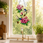 Twin Hummingbirds & Pink Blossoms Holographic Acrylic Suncatcher