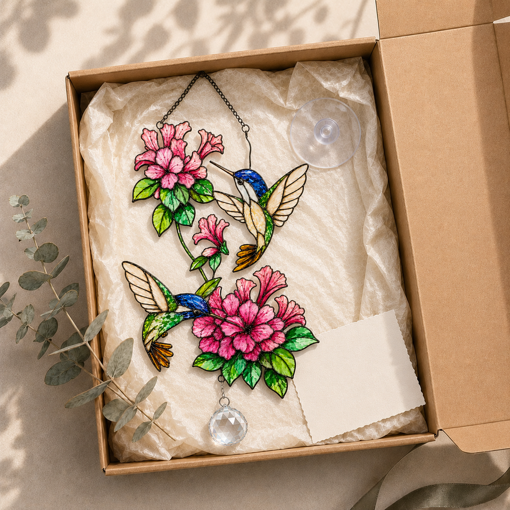Twin Hummingbirds & Pink Blossoms Holographic Acrylic Suncatcher