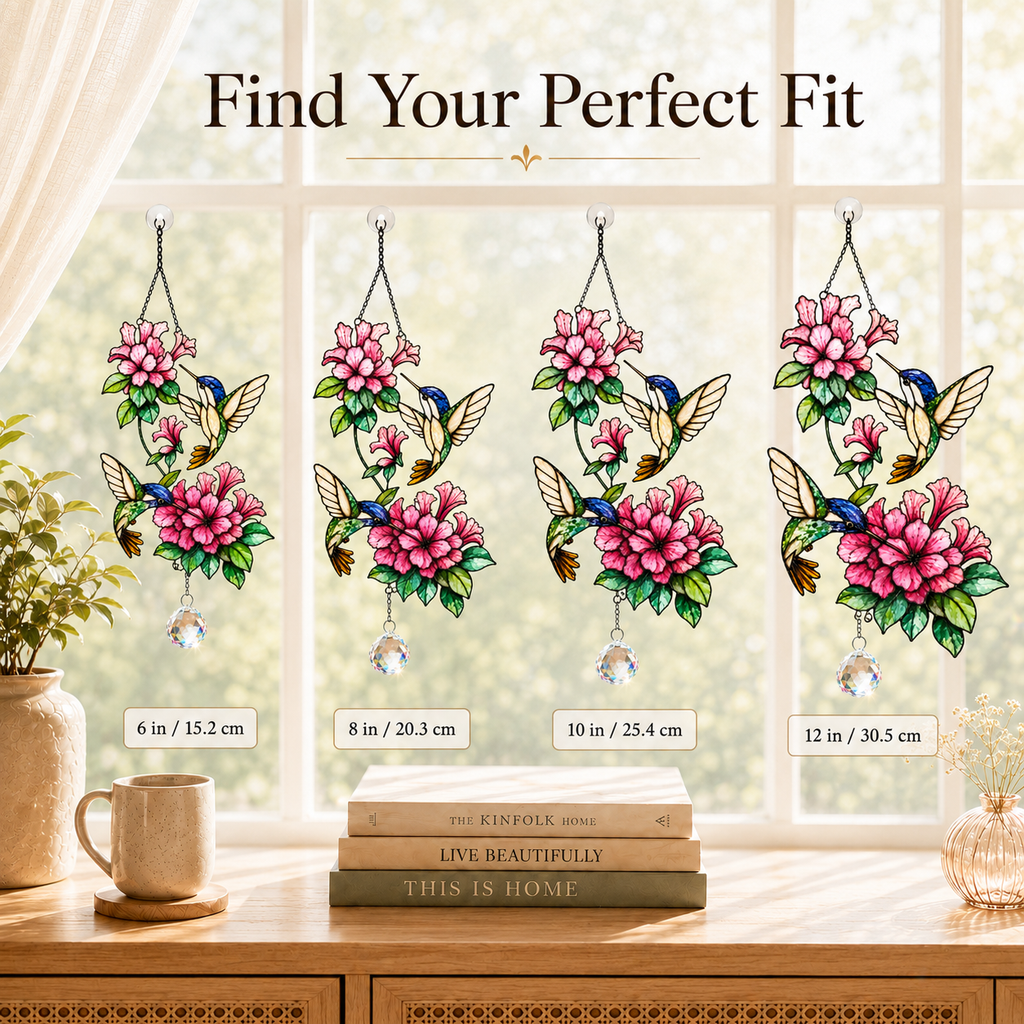 Twin Hummingbirds & Pink Blossoms Holographic Acrylic Suncatcher