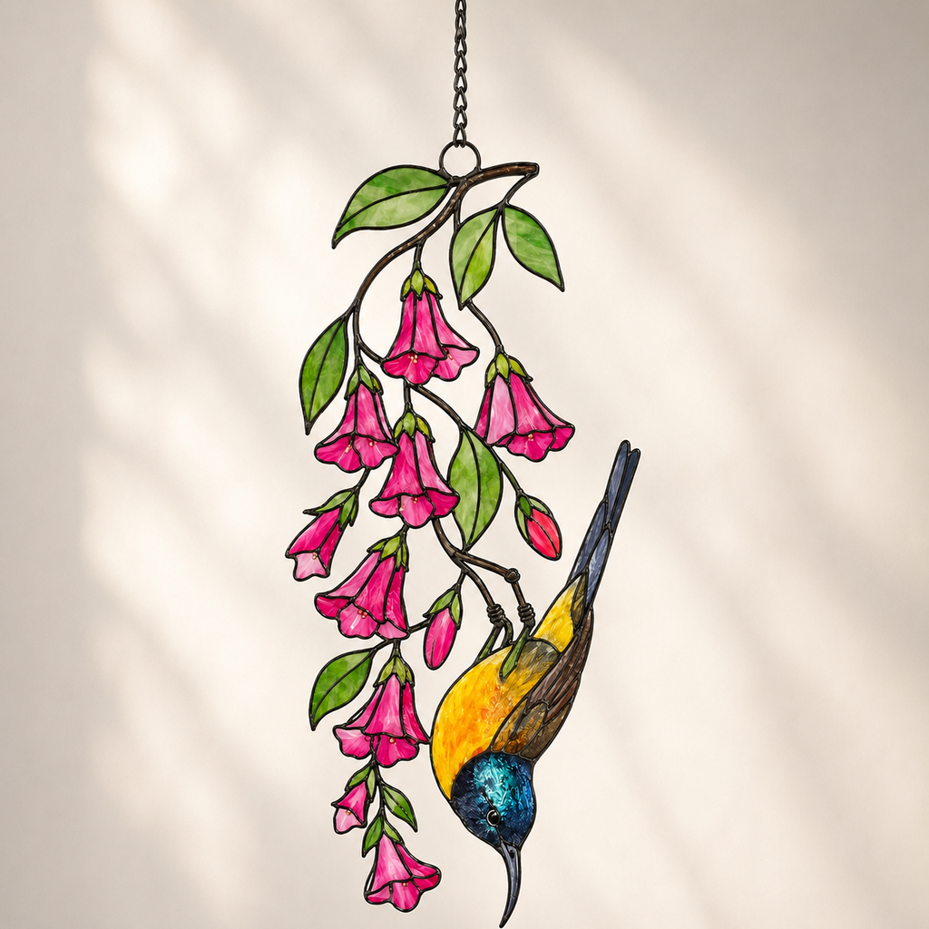 Sunbird & Pink Trumpet Flowers Holographic Acrylic Suncatcher