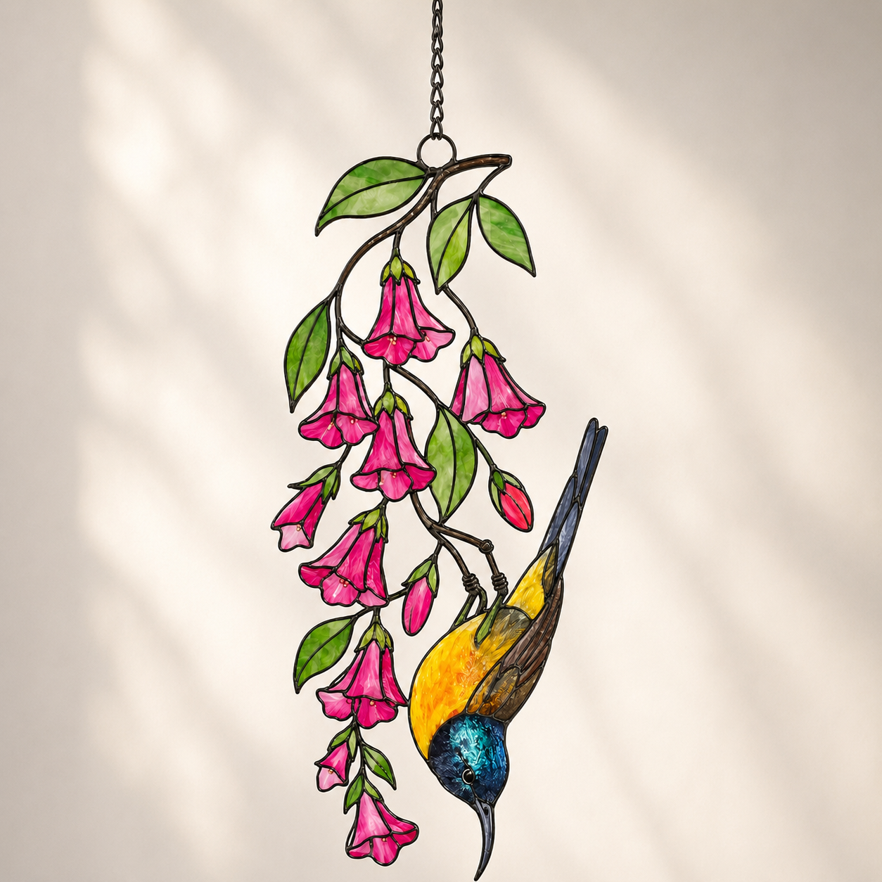 Sunbird & Pink Trumpet Flowers Holographic Acrylic Suncatcher