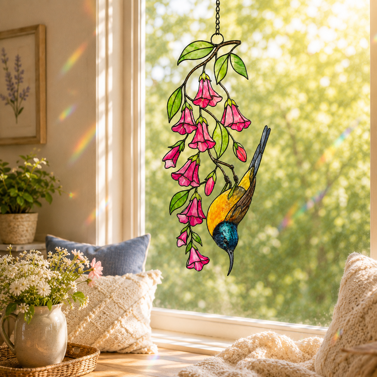 Sunbird & Pink Trumpet Flowers Holographic Acrylic Suncatcher