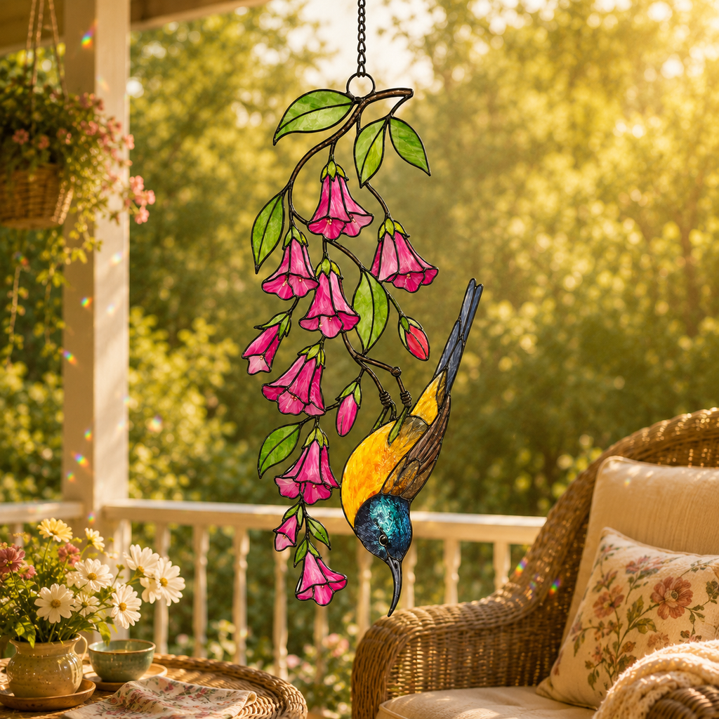 Sunbird & Pink Trumpet Flowers Holographic Acrylic Suncatcher