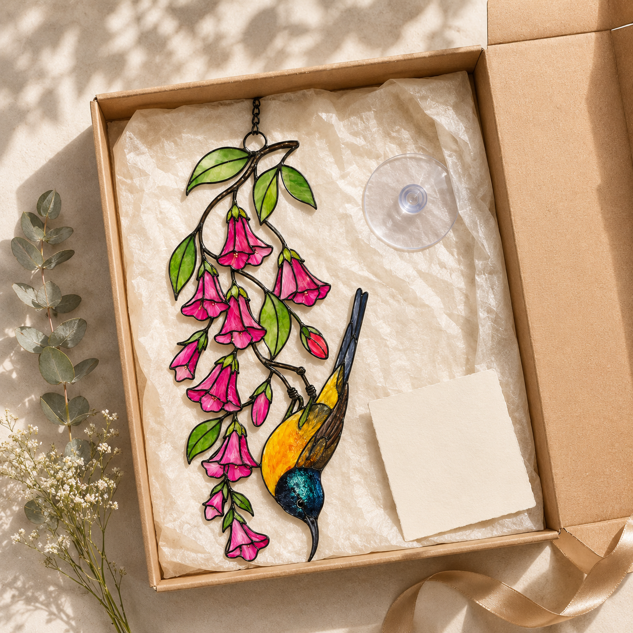 Sunbird & Pink Trumpet Flowers Holographic Acrylic Suncatcher