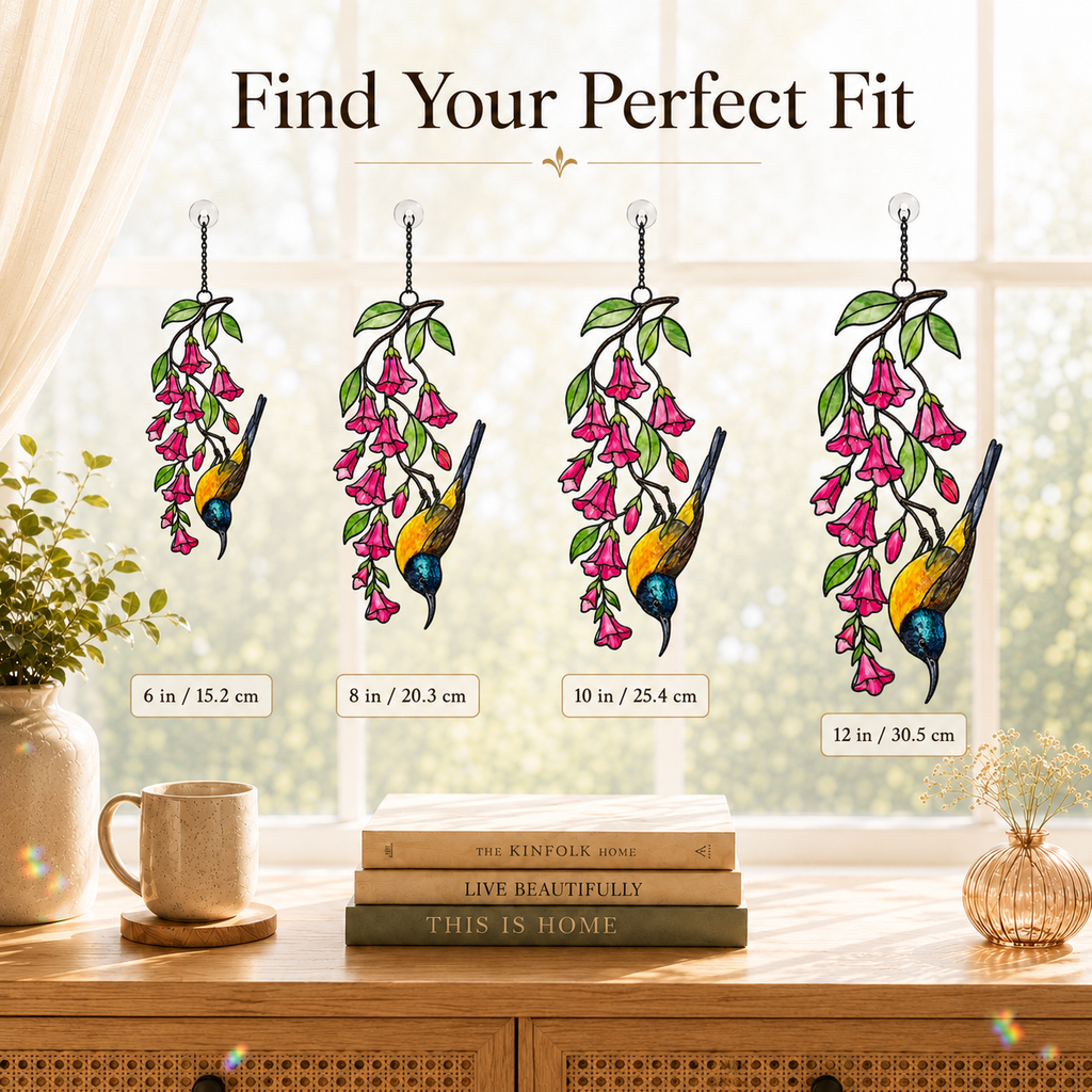 Sunbird & Pink Trumpet Flowers Holographic Acrylic Suncatcher