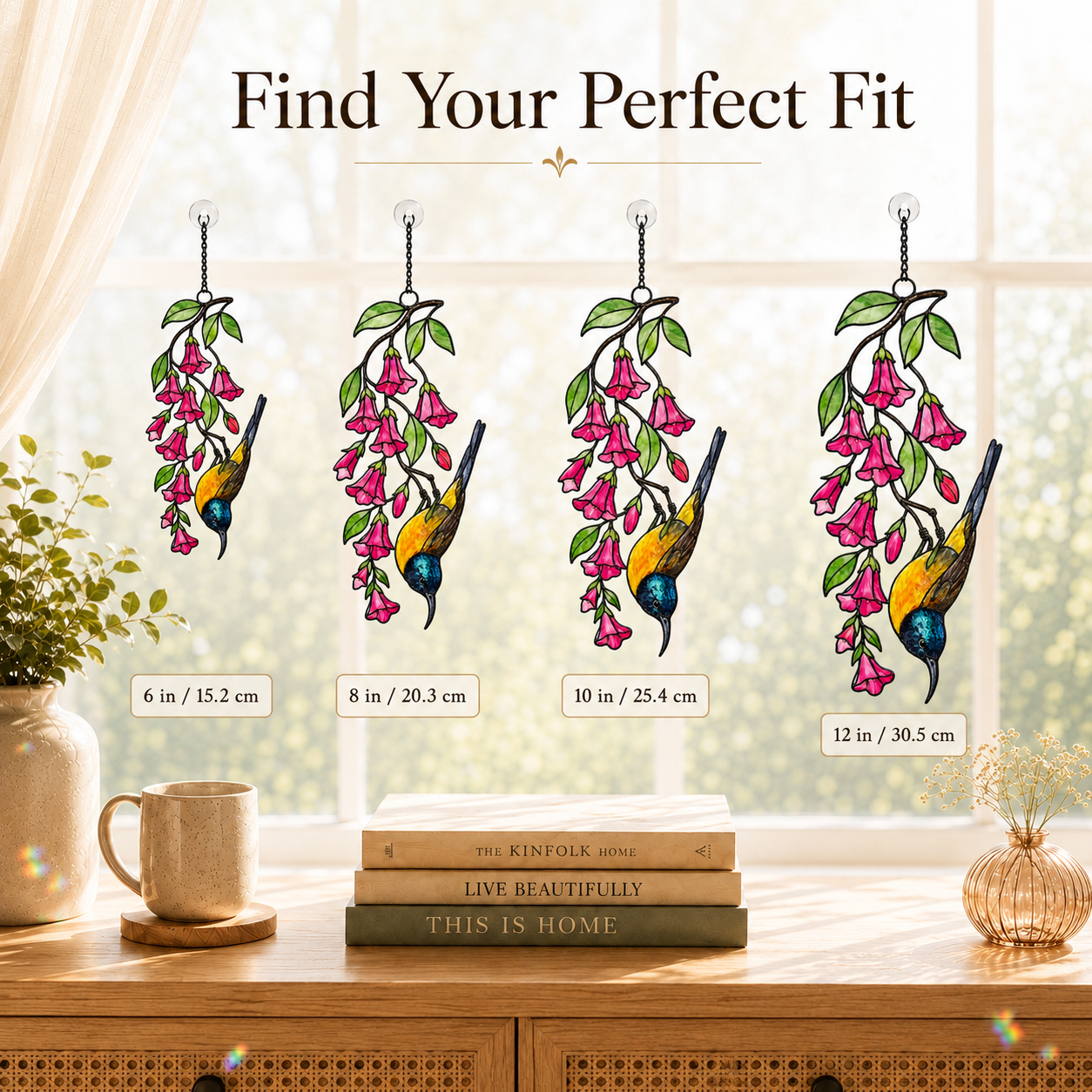 Sunbird & Pink Trumpet Flowers Holographic Acrylic Suncatcher
