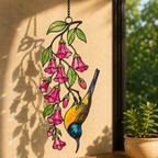 Sunbird & Pink Trumpet Flowers Holographic Acrylic Suncatcher