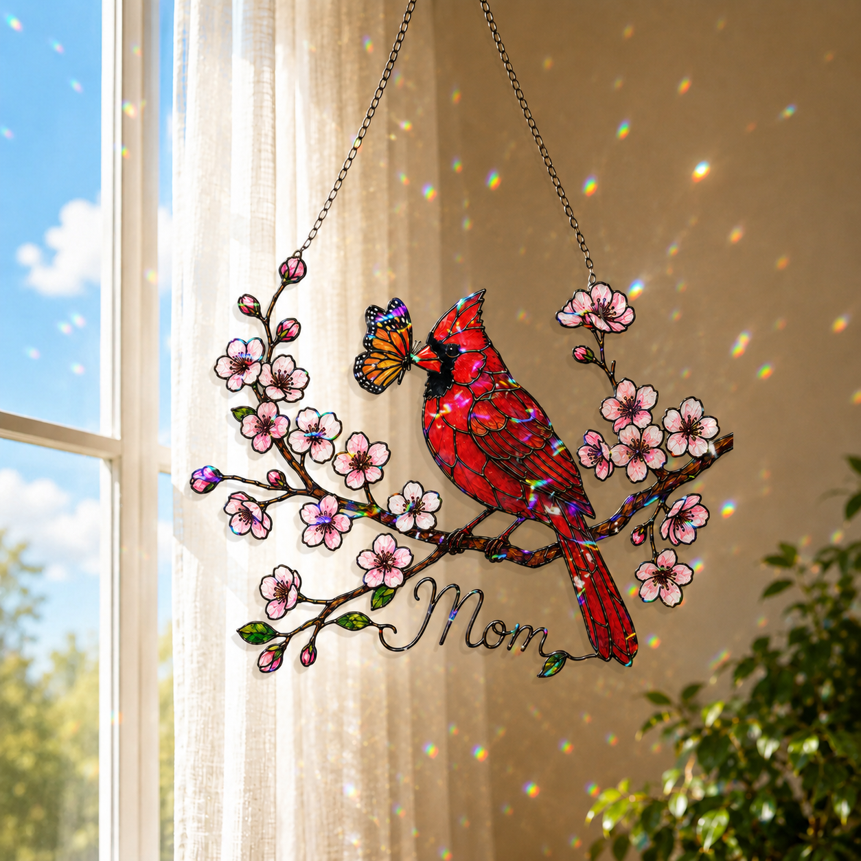 Personalized Cardinal & Cherry Blossom Holographic Acrylic Suncatcher