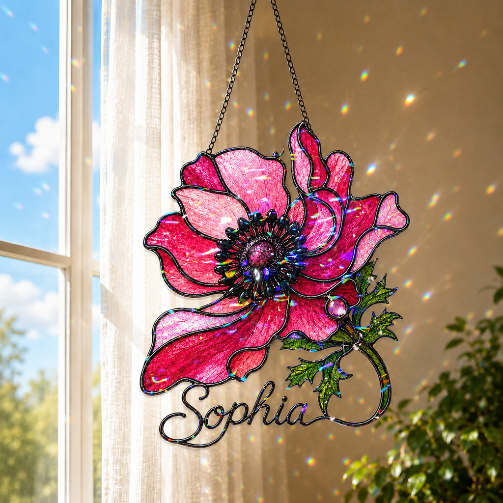 Personalized Pink Anemone Flower Holographic Acrylic Suncatcher