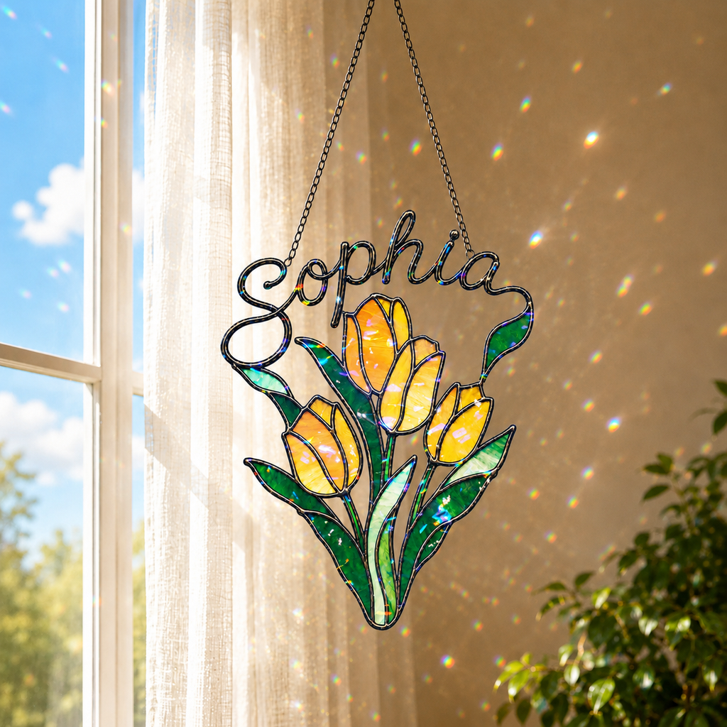 Personalized Yellow Tulip Bouquet Holographic Acrylic Suncatcher