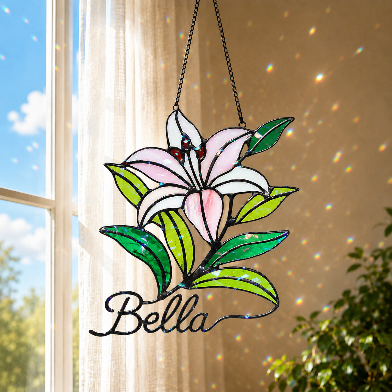 Personalized Pink Lily Flower Holographic Acrylic Suncatcher