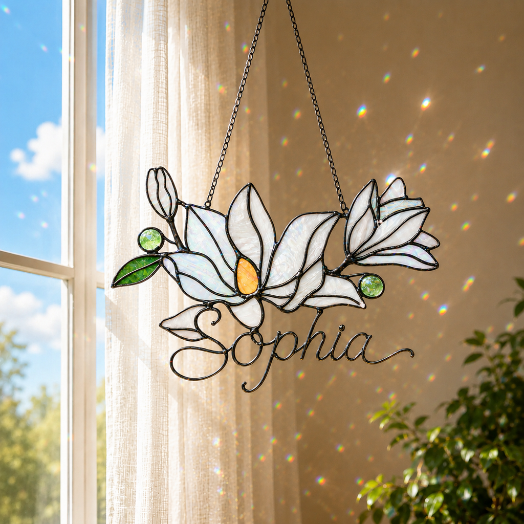 Personalized White Magnolia Branch Holographic Acrylic Suncatcher
