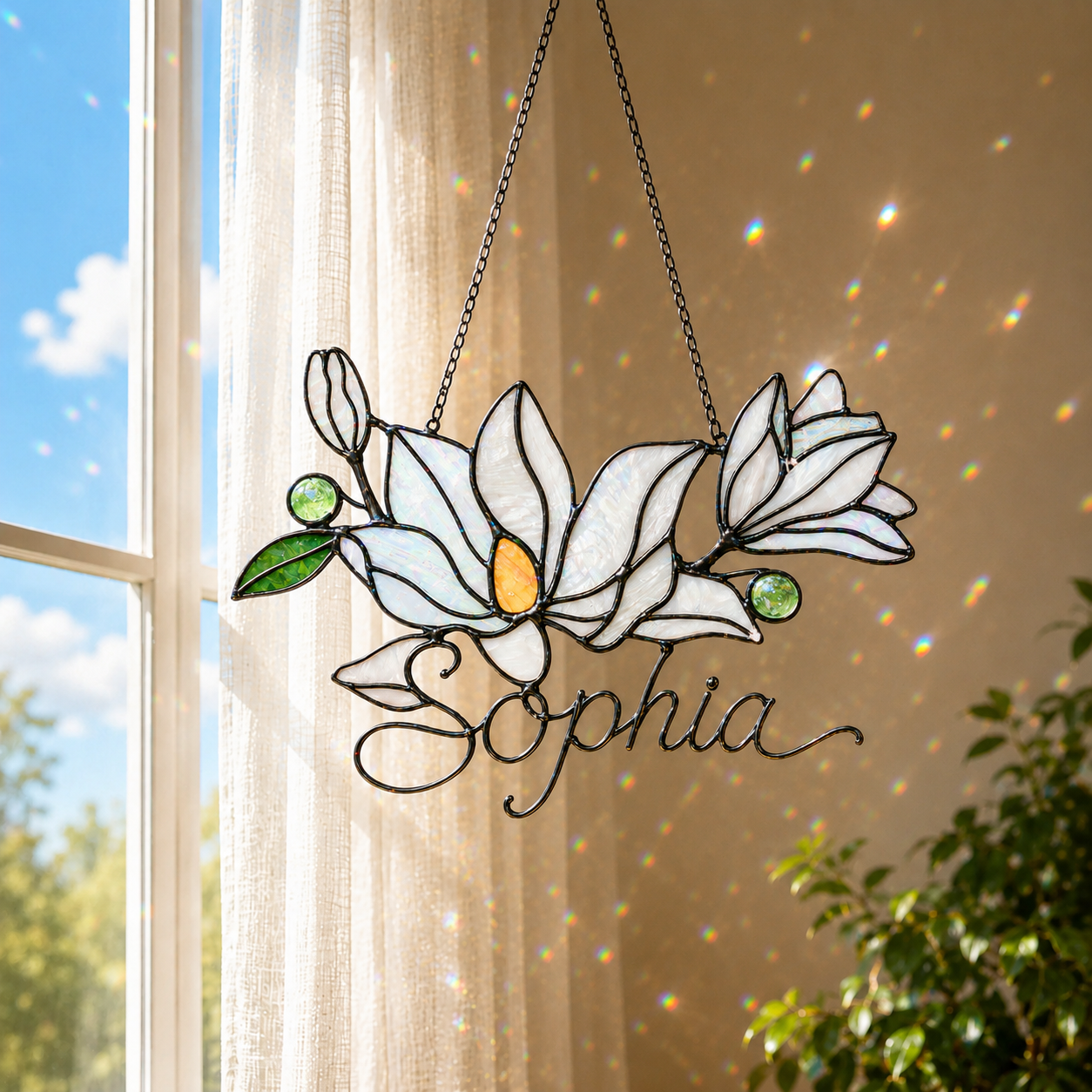 Personalized White Magnolia Branch Holographic Acrylic Suncatcher
