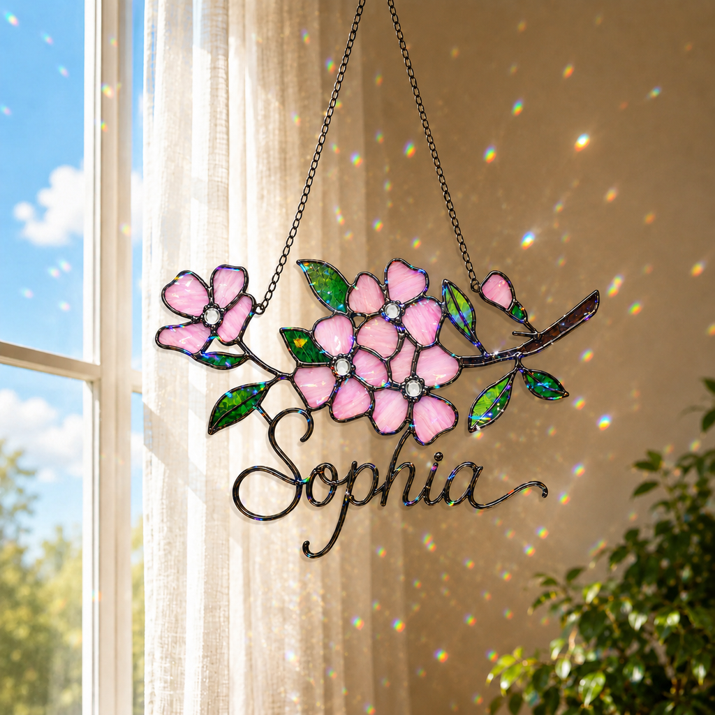 Personalized Pink Cherry Blossom Branch Holographic Acrylic Suncatcher