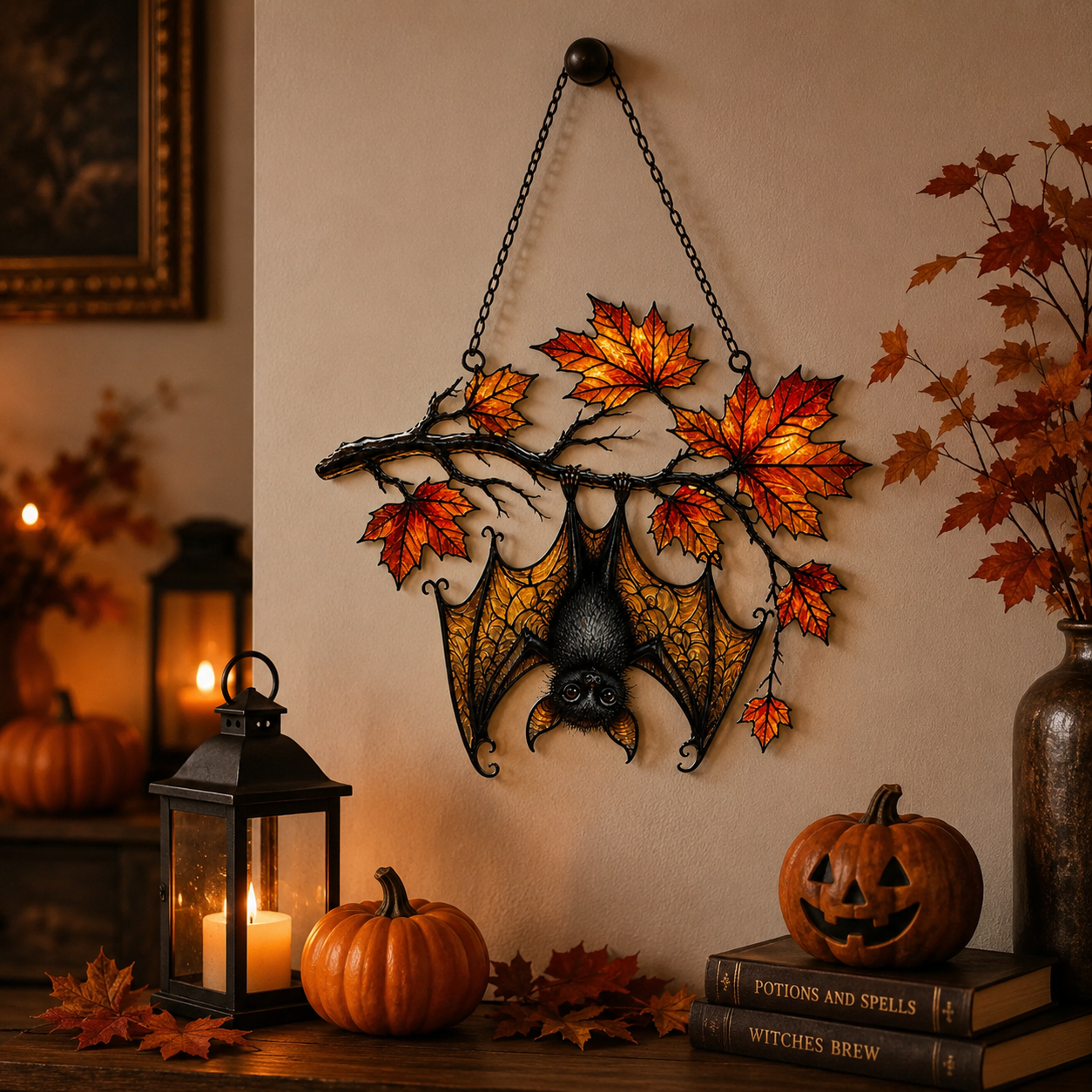 Sleeping Bat under Maple Branch Holographic Acrylic Suncatcher