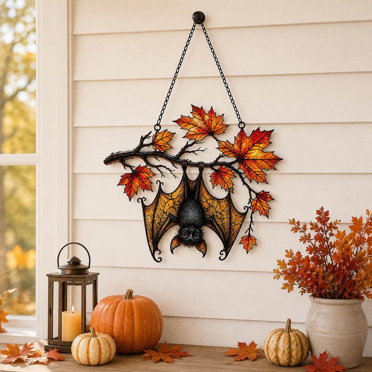 Sleeping Bat under Maple Branch Holographic Acrylic Suncatcher
