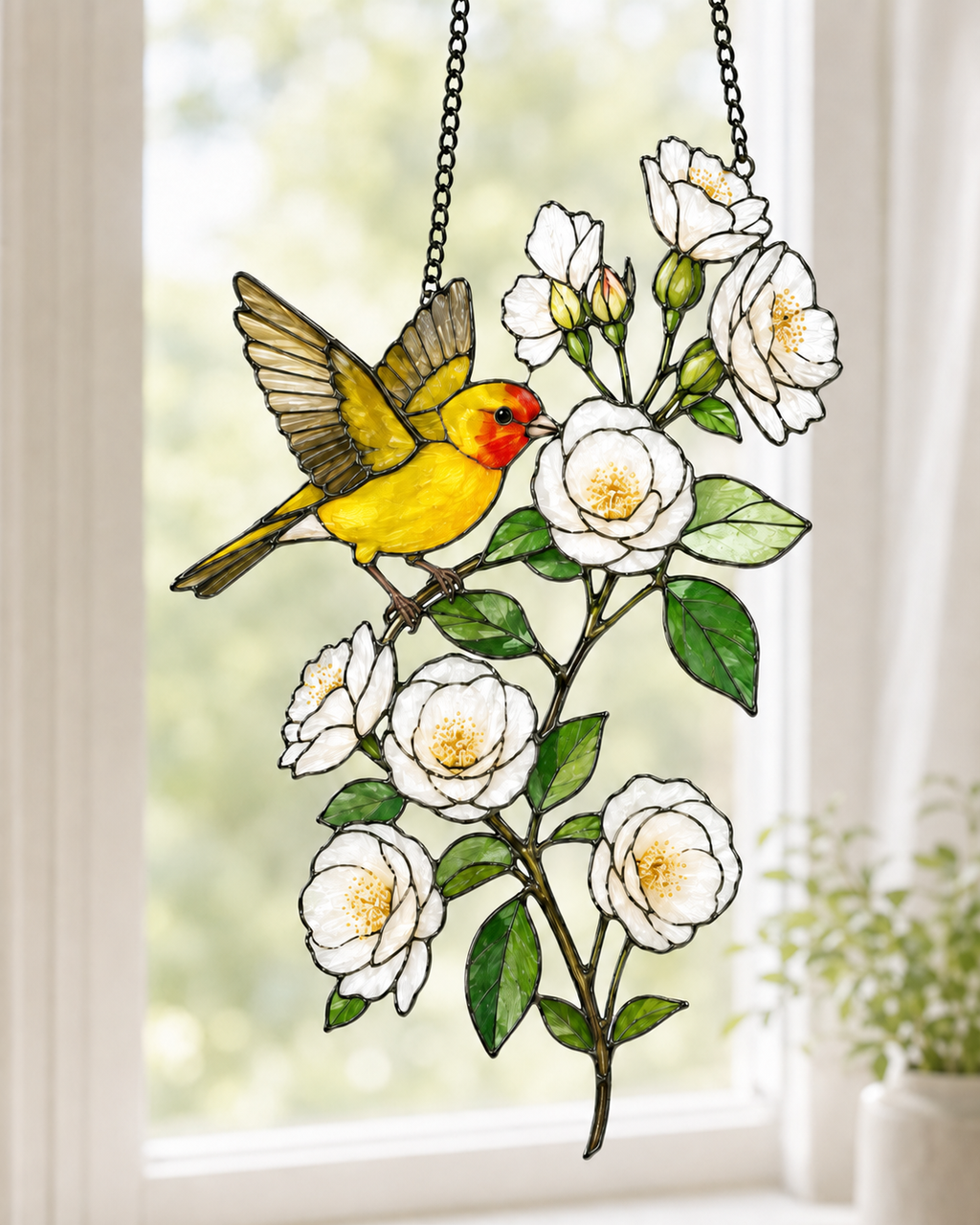 Western Tanager & White Roses Holographic Acrylic Suncatcher