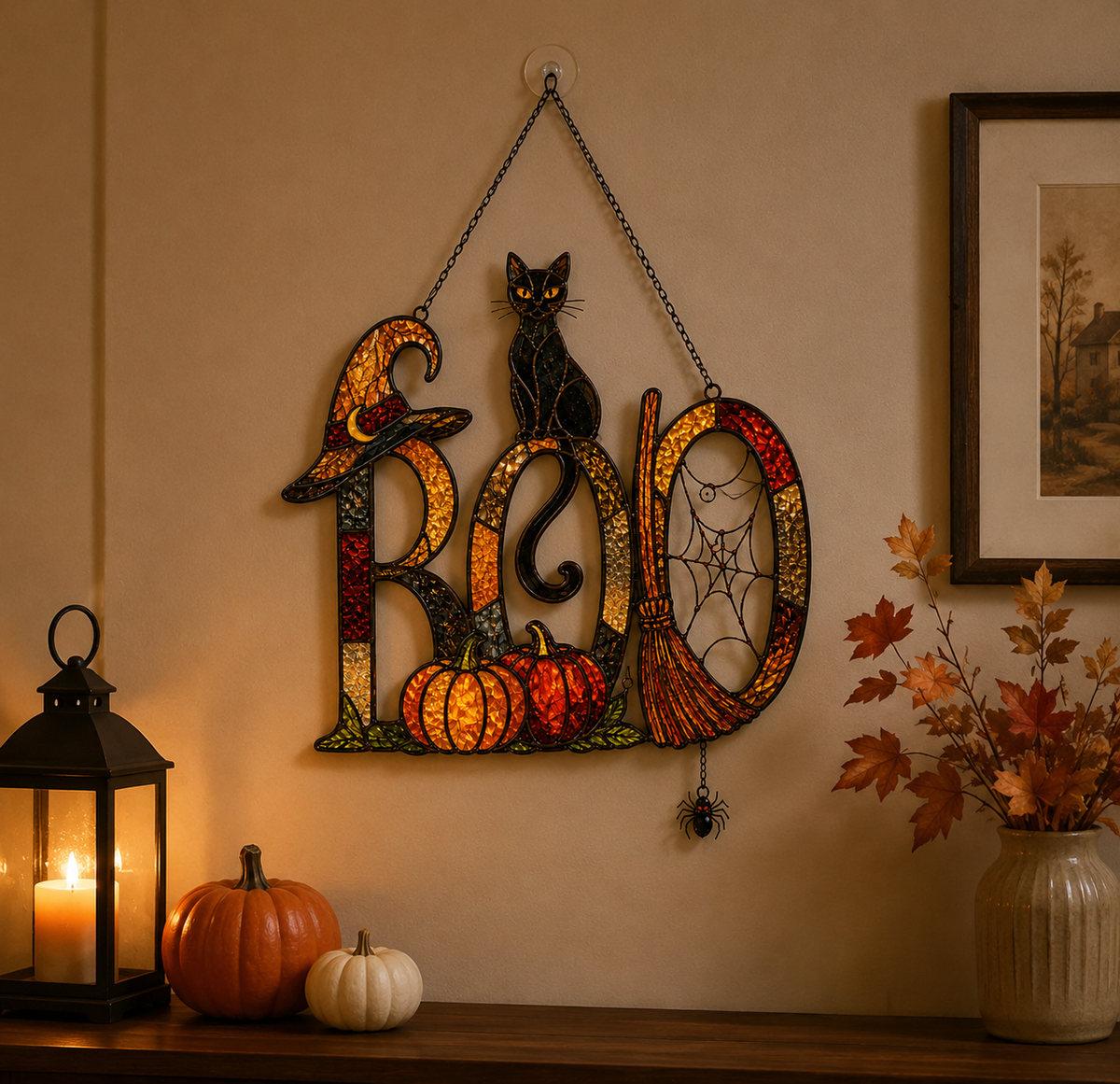 BOO Sign with Black Cat, Broom & Pumpkins Holographic Acrylic Suncatcher