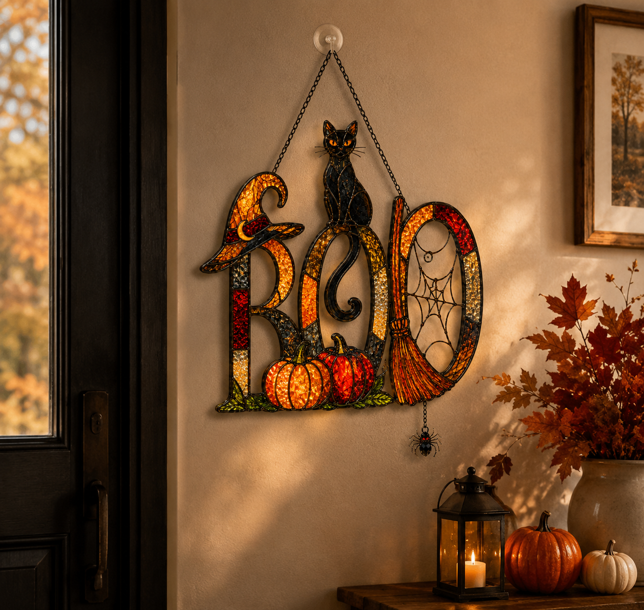 BOO Sign with Black Cat, Broom & Pumpkins Holographic Acrylic Suncatcher
