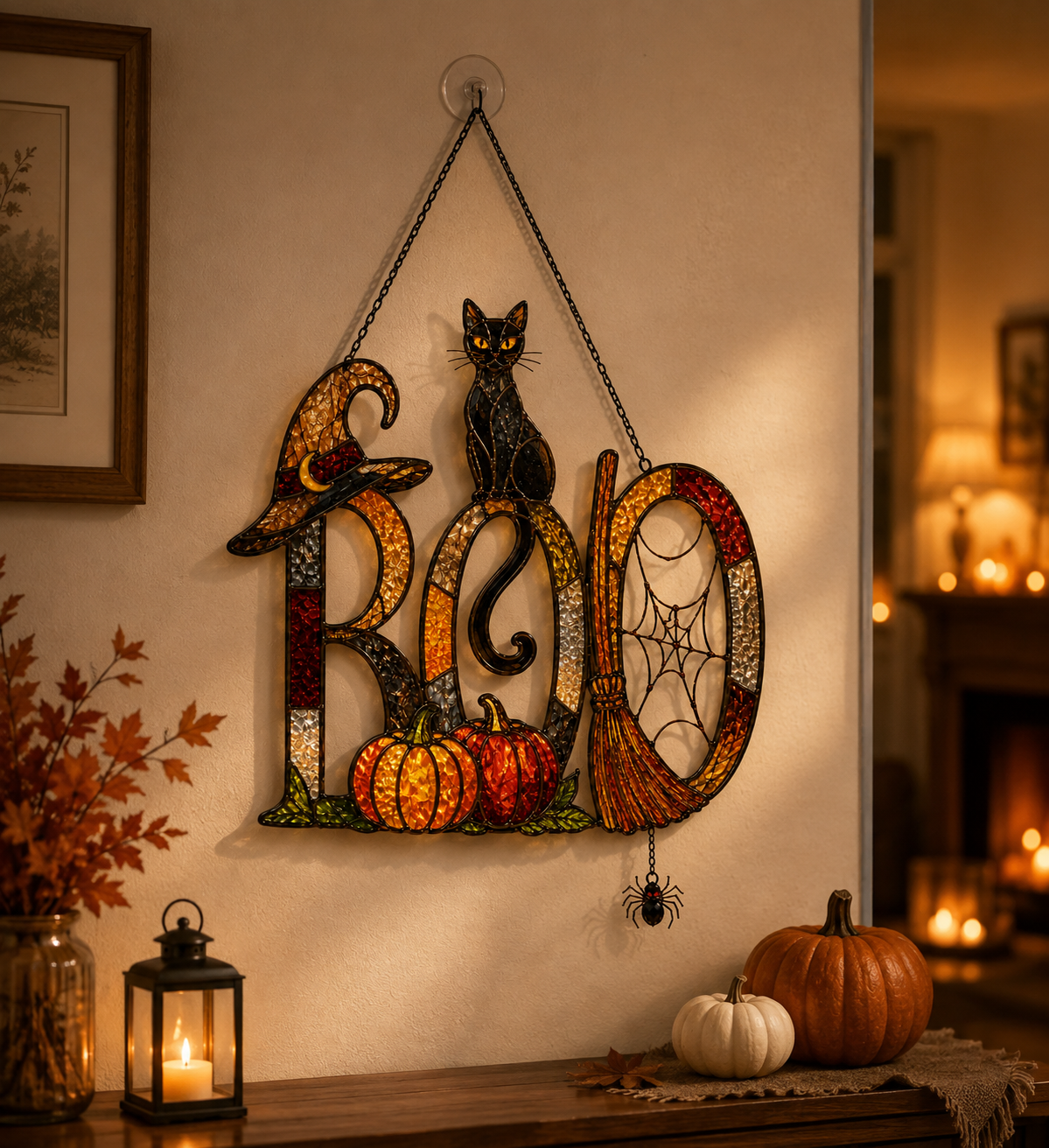 BOO Sign with Black Cat, Broom & Pumpkins Holographic Acrylic Suncatcher