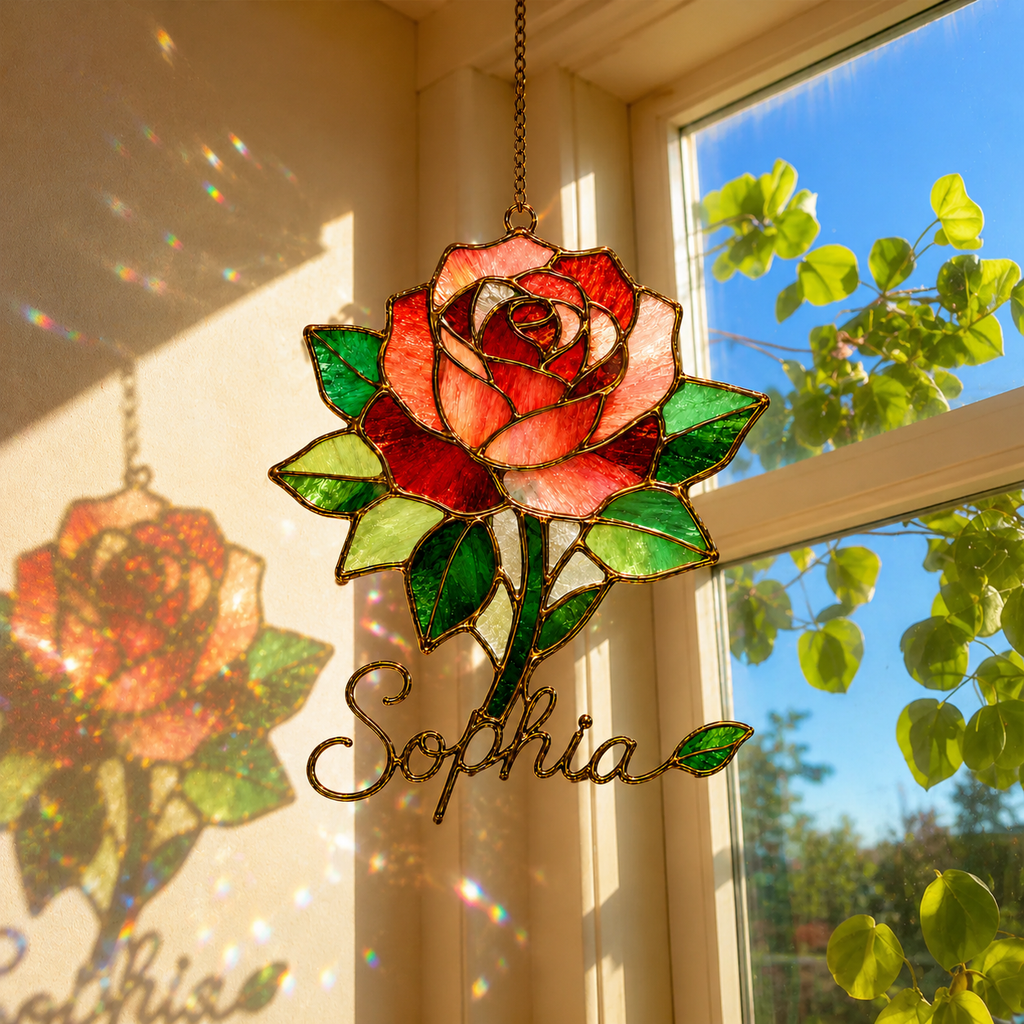 Personalized Red Rose Holographic Acrylic Suncatcher
